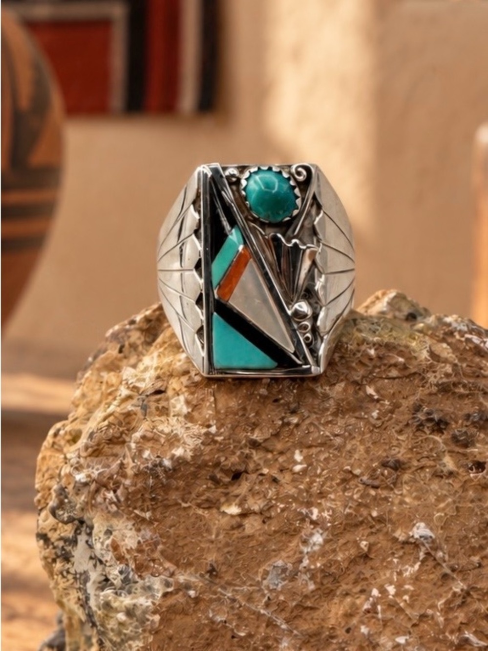 Navajo Native Sterling Silver Turquoise Multi Stone Inlay Mens Ring 12.75